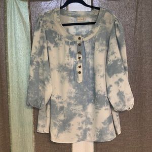 Sky blue and white puff sleeve blouse